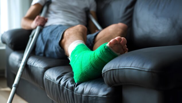 A man with a bright green cast on his injured foot is resting on a dark leather couch indoors holding crutches receiving treatment during recovery