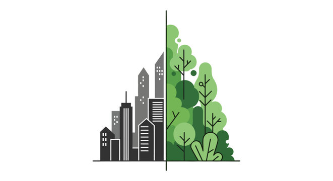 Cityscape Split with Forest &ndash; Urban Environment vs Natural Landscape, Eco-Friendly Living Concept