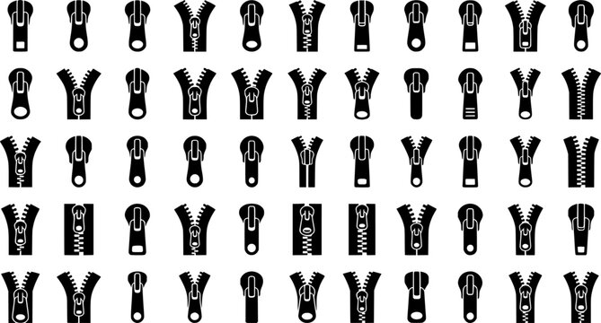Zipper Types Icons. Outline icon set of Zipper types: coil zipper, metal zipper, invisible zipper, plastic
