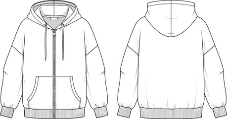 Zip Up Hoodie Technical Flat Sketch Vector Template with Drop Shoulder Overvized Fit Front and Back View for Fashion Design © BIPUL