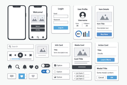 Mobile App UI Wireframe Kit with Screens and Interface Elements