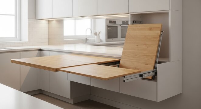 Modern Kitchen Cabinet with Integrated Pullout Wooden Dining Surface for Enhanced Functionality and Space Saving Design