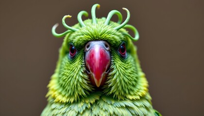 The image features a close up of a bird with vibrant green feathers covering most of its face and body