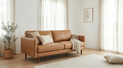 Fototapeta premium A classic contemporary living room featuring a comfortable brown couch, inviting natural light, and minimalist decor for a serene and stylish home environment