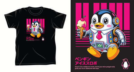 Robot penguin holding ice cream tshirt design, sci-fi arctic animal with sweets, japanese text illustration © T-shirt Hub