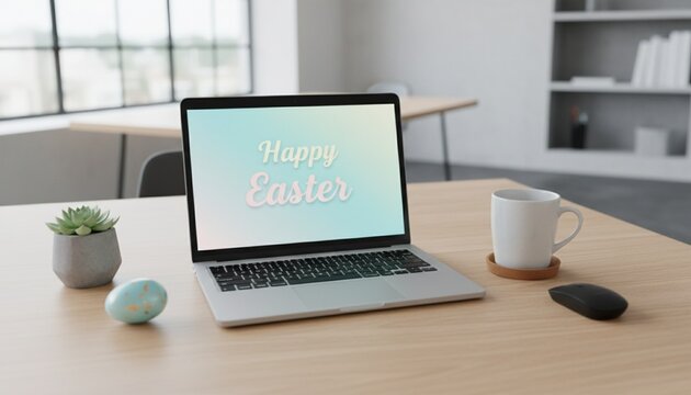 Professional business desk flat lay with laptop, coffee, and subtle Easter egg. Corporate holiday greeting concept.