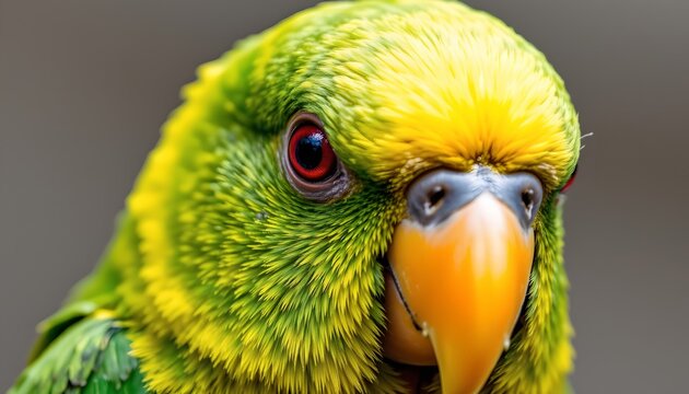 The image features a close up of a vibrant parrot with predominantly green feathers that blend into yellow around its face and head
