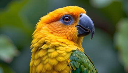 Obraz premium The image depicts a vibrant, colorful bird with bright yellow, orange, and green feathers