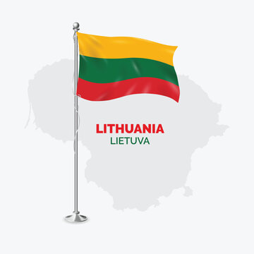 Waving flag of Lithuania on flagpole. Template for independence day poster design, Lietuva Flag with World Map Behind them on White Background	