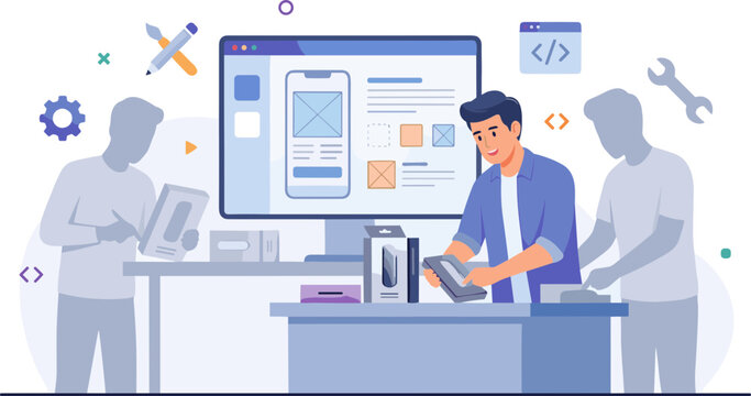 Two developers assist a man working on a computer with a large screen displaying code and a mobile device.