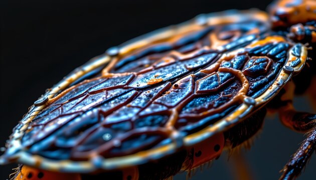 The image features a close up view of a colorful, patterned turtle shell, highlighting its intricate design and texture
