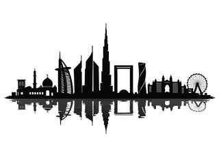Naklejka premium Print Dubai Skyline Silhouette Vector – Iconic Modern Skyscrapers and Traditional Architecture Cityscape Isolated on White Background