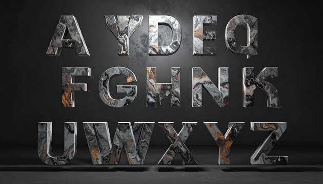 A 3D metallic alphabet set with a dark background
