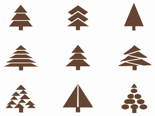 Obraz premium Print Minimal Geometric Pine Tree Set Vector – Brown Abstract Christmas Tree Icons, Modern Holiday Design Isolated on White Background