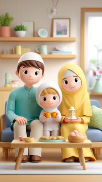 Muslim family celebrating Eid al Fitr at home with foods