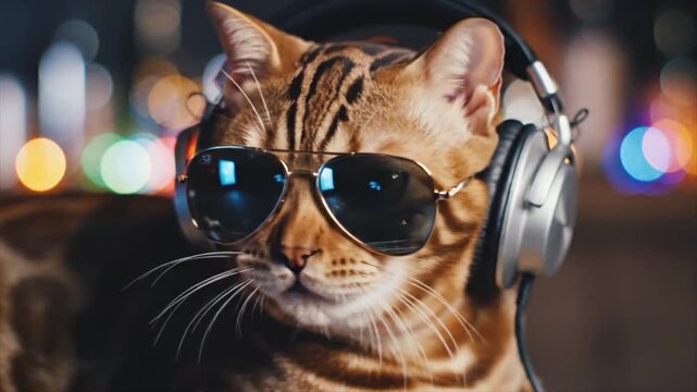 A cool cat wearing sunglasses and headphones listens to music at night.