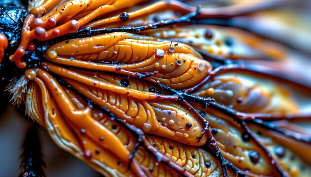 The image showcases a close up view of an insect's head and thorax, highlighting its vibrant orange coloration with intricate textures and patterns
