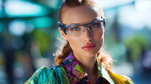 A Confident Young Woman in Colorful Attire and Stylish Glasses Showcases Bold Fashion Choices Against a Bright Urban Background in Two Distinct Frames