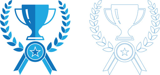 Naklejka premium Blue and white trophy icons with laurel wreaths and ribbons on a white background
