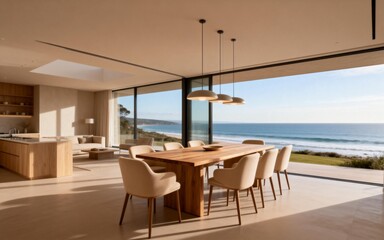 Obraz premium Modern Interior Dining Room with Ocean View