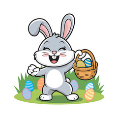 Obraz premium Happy little bunny holding easter egg basket standing on green grass