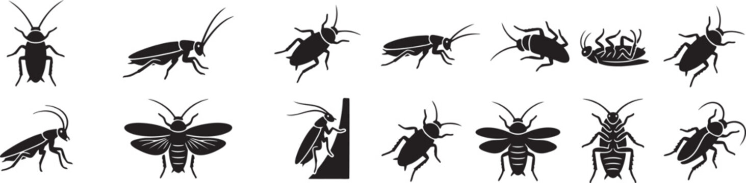 Cockroach Pest Silhouette Icons &ndash; 12 Vector Poses of Roaches and Beetles.