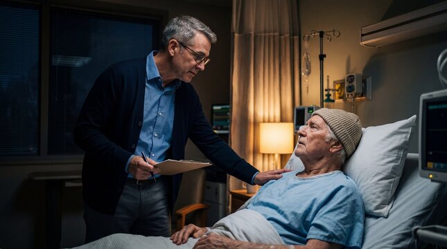 Professional Doctor Consults Senior Patient in Hospital Room