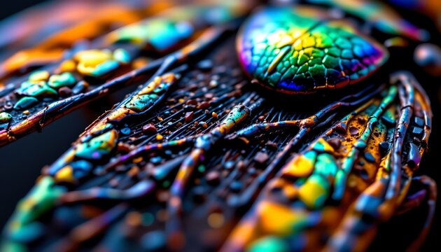 The image showcases a highly detailed close up of a colorful, iridescent insect, possibly a beetle, with a focus on its head and upper body