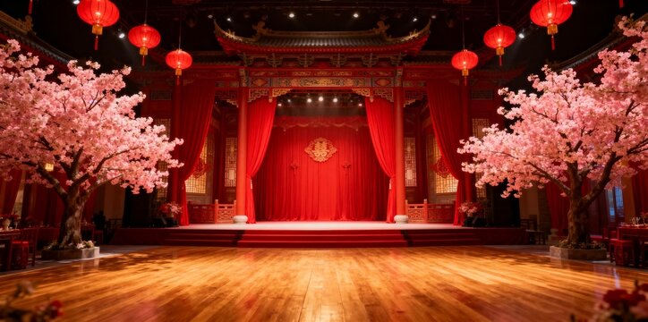 Traditional Chinese Stage with Cherry Blossoms