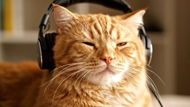 A serene orange cat listens to music with closed eyes wearing black headphones indoors.
