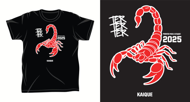 T shirt design with red scorpion and text kaique ter 2025 prontos para o ataque