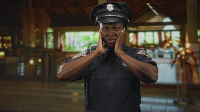 Woman police officer pressing hands to cheeks, radio mic and badge visible in hotel building; concern duty.