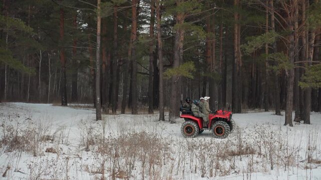 Red atv parked in snowy forest, lone quad resting among tall pine trees, light snowfall dusting frozen ground, tire tracks leading into shadowed woods, muted cold light creating calm remote