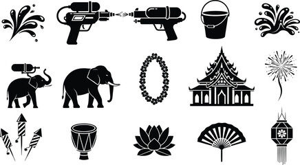 Fototapeta premium Silhouette icons of thai culture and objects isolated on transparent background