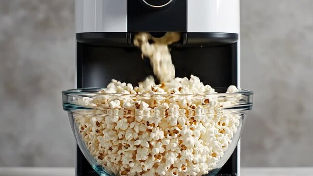 Freshly popped white popcorn falling from a modern kitchen appliance into a large transparent glass bowl in slow motion with soft light