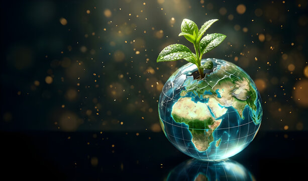A powerful macro close-up of a glowing glass earth globe with a fresh green plant sprout growing out of its top on a dark reflective surface, surrounded by soft golden bokeh particles. 