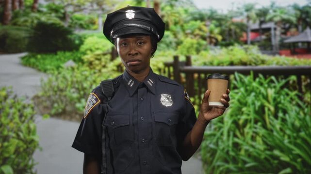 Woman police officer holding a coffee cup with raised hand on a street, showing badge and radio; duty.