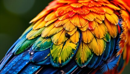 Obraz premium The image shows a close up view of a bird's vibrant plumage, featuring an array of overlapping feathers in a spectrum of bright colors including red, orange, yellow, green, blue, and black