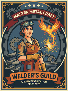A skilled female welder sparks creativity in metal fabrication. The image reflects the craftsmanship, energy, and innovation of the Welder's Guild since 2020.
