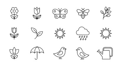 Fototapeta premium Spring Line Icon Set Editable Stroke Seasonal Nature Vector Icons on White Background