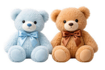 Fototapeta premium Two cute teddy bears, one blue, one brown, with bows as clean cutout isolated on transparent background