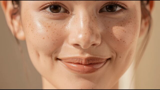 Close up of happy woman smiling showing natural freckles and healthy glowing skin