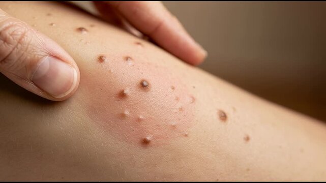 Close up of human skin with multiple small raised bumps and a hand touching the affected area