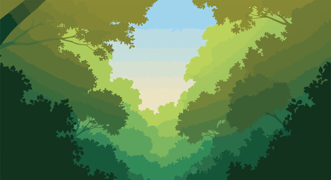 A stylized forest scene with layers of trees, sunlight above