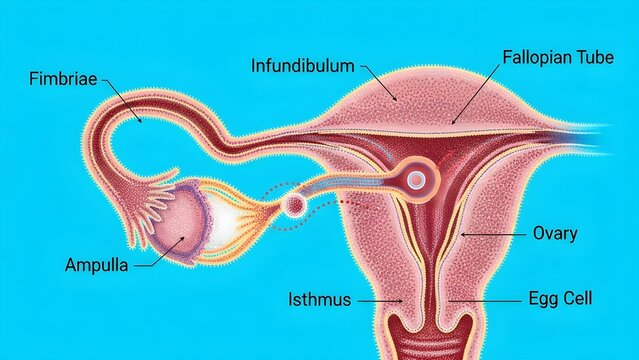 Illustration of a single fallopian tube and uterus with labeled fimbriae, infundibulum, ampulla, isthmus, ovary and egg cell, clearly tracing the route of the oocyte during ovulation from the ovarian 
