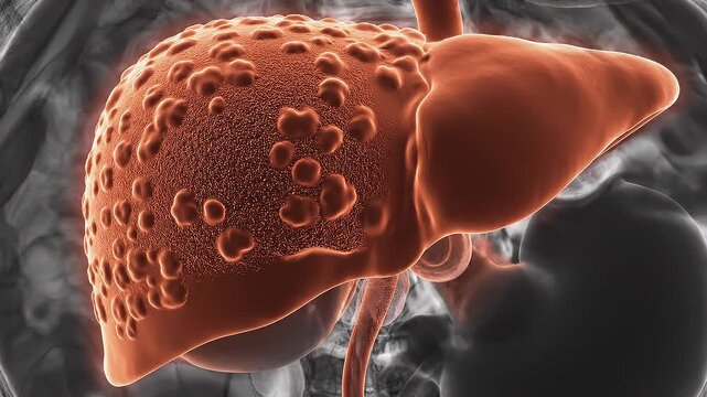 Detailed 3D Animation of a Diseased Liver with Cirrhosis and Nodules Inside the Human Torso