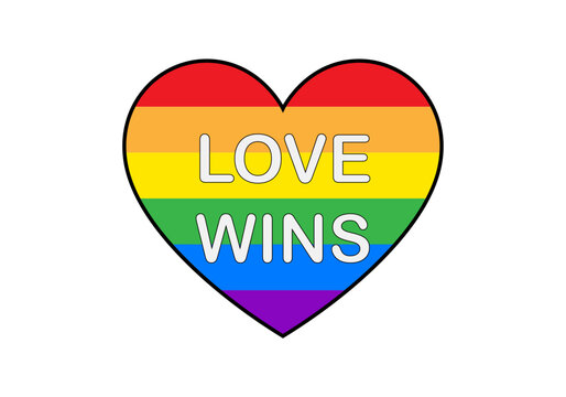 Coraz&oacute;n con los colores de la bandera arco&iacute;ris y el texto love wins que simboliza la igualdad y el orgullo lgbtq