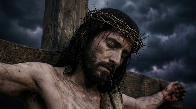 Jesus Christ, suffering on the cross, crucifixion on Golgotha, wearing a crown of thorns, dramatic portrayal of his ultimate sacrifice, passion, somber stormy sky
