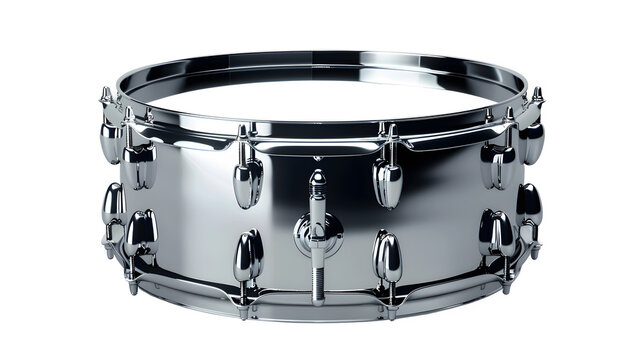 Chrome snare drum, shiny metal instrument, music equipment, drum set component