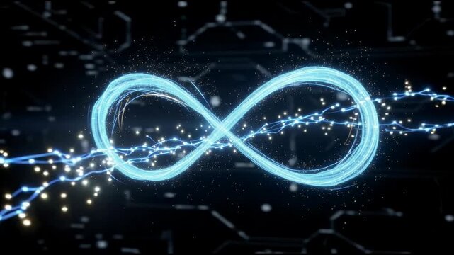 Glowing blue infinity symbol with digital light trails and particles representing technology and innovation